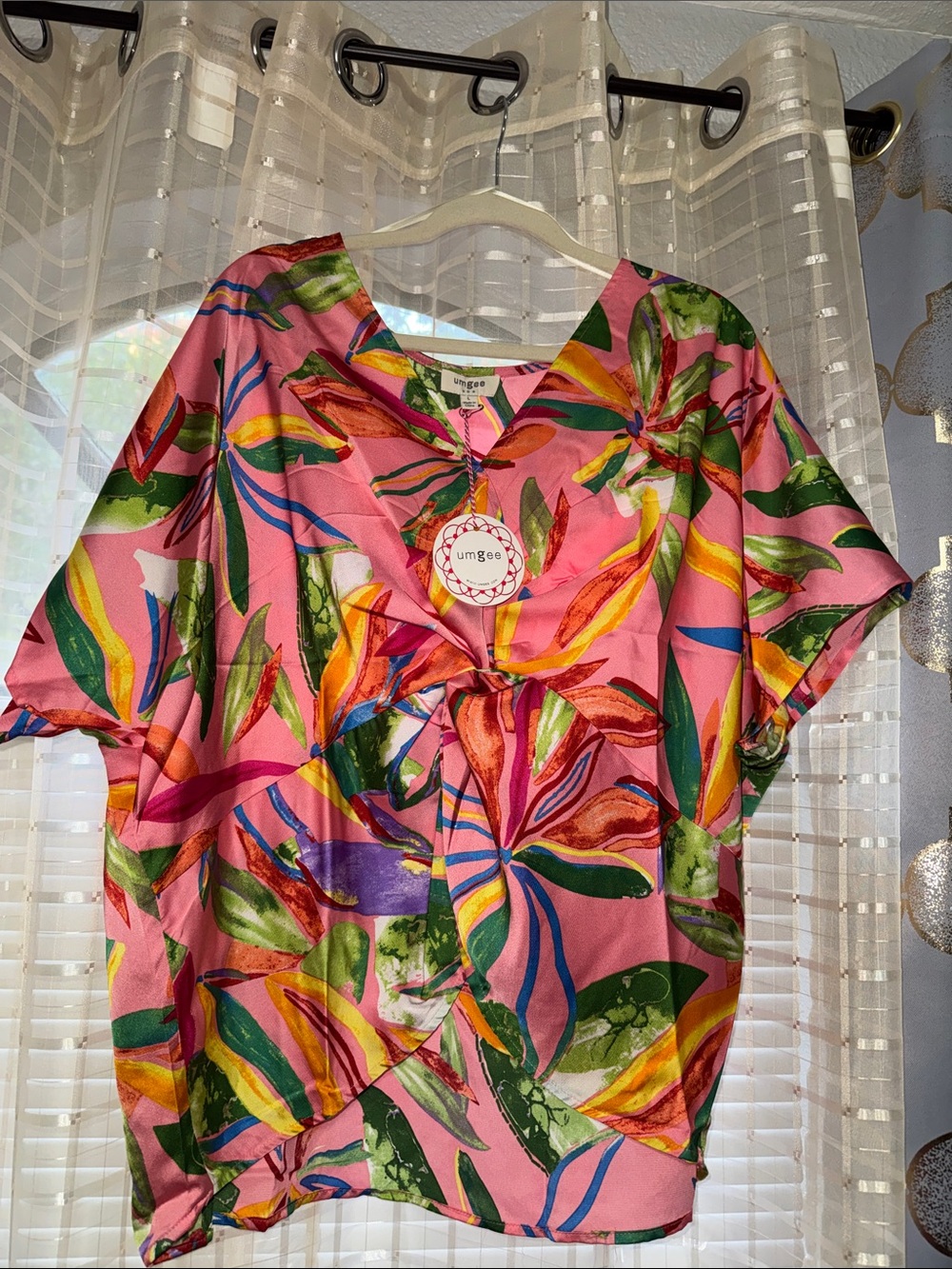 Umgee Pink Tropical Knot-Front Blouse with Multicolor Leaf Print